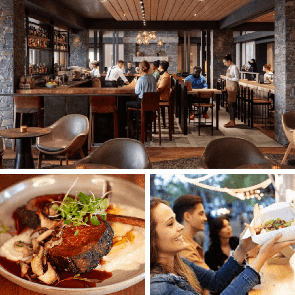 Top: People at a bar with stone walls, reminiscent of upscale Suncadia homes. Bottom left: A gourmet dish with meat and garnish. Bottom right: People holding food containers at an outdoor Suncadia event.