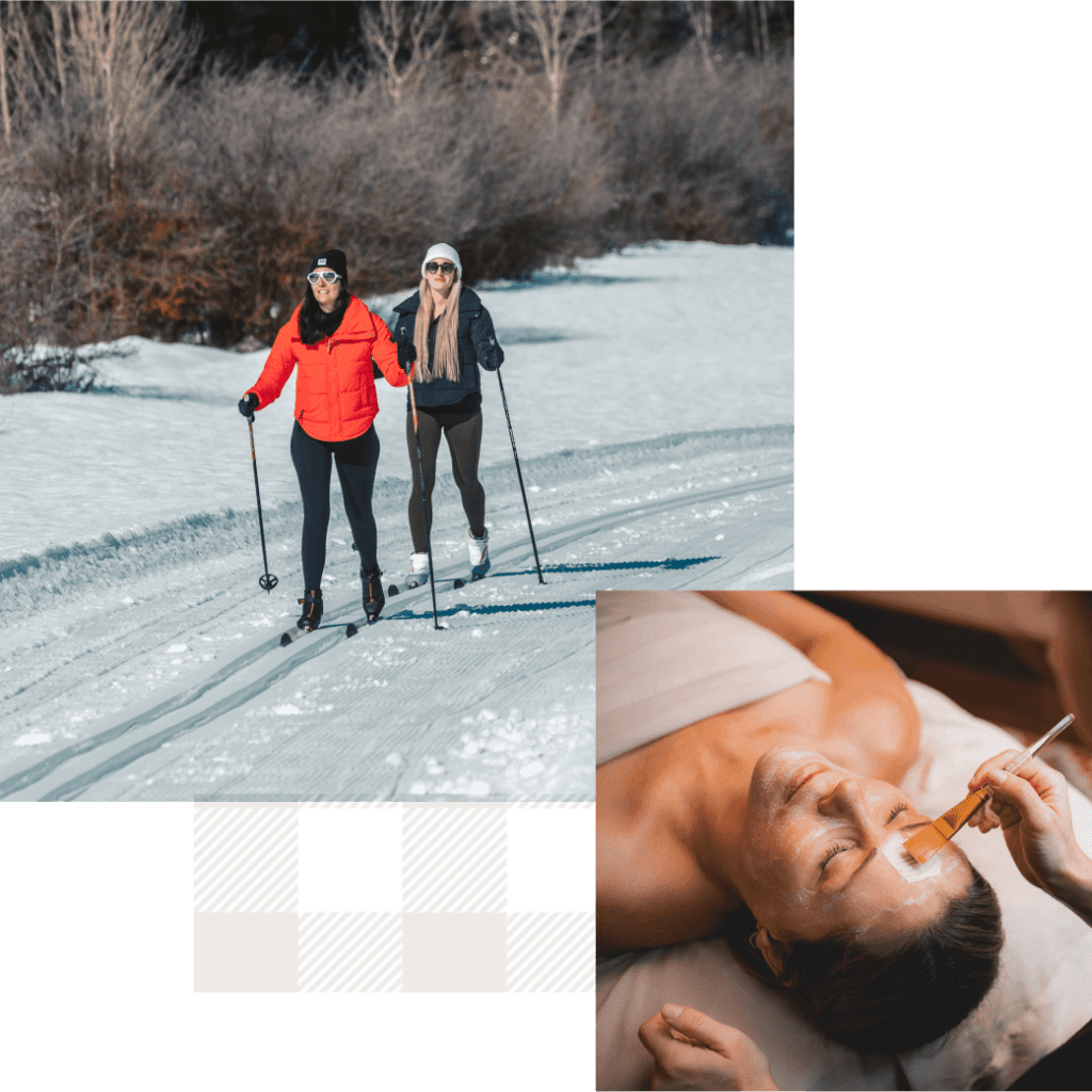Two people cross-country skiing on a snowy trail near the scenic Suncadia Resort in Washington. Inset image shows a person receiving a luxurious skincare treatment with a brush, capturing moments of relaxation and adventure.