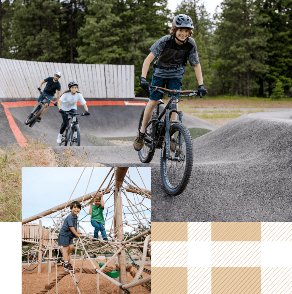 Children biking on a pump track and climbing on a wooden play structure set against the serene backdrop of a forest, with a plaid pattern in the bottom right corner, capture the essence of Suncadia Resort, Washington—a place where families create lasting memories.