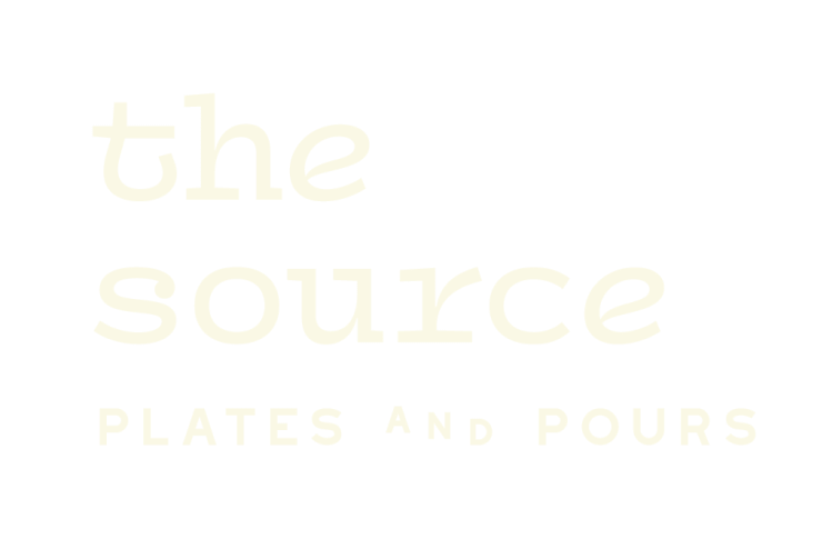 Text logo with the words "the source plates and pours" in a stylized font, capturing the elegance of Suncadia Resort.