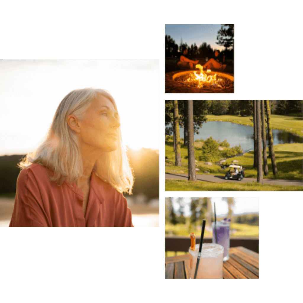 Collage of a woman in sunlight, a campfire with feet visible, a golf cart by a pond, and two drinks on a table outdoors.