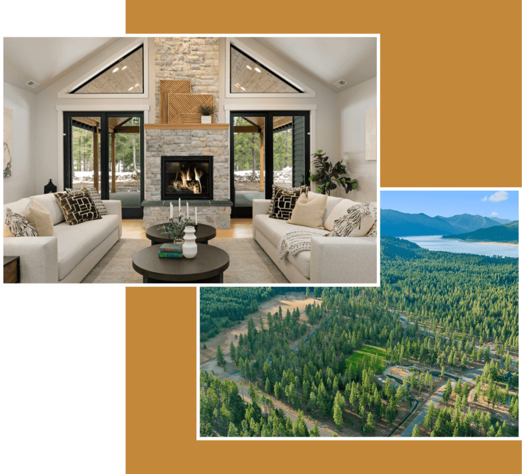 A modern living room with a stone fireplace and large windows, alongside an aerial view of a forested landscape with a lake and mountains in the distance.