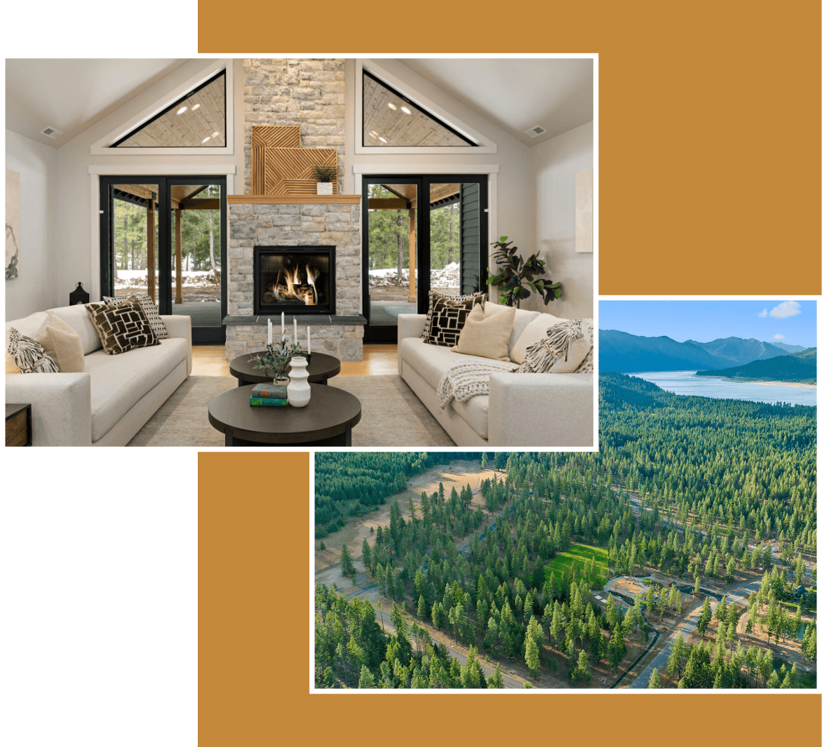 A modern living room with a stone fireplace and large windows, alongside an aerial view of a forested landscape with a lake and mountains in the distance.