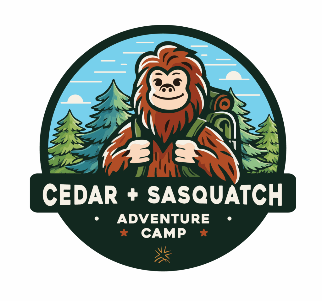 Logo for Cedar + Sasquatch Adventure Camp featuring a smiling sasquatch with a backpack, set against a background of trees and sky.