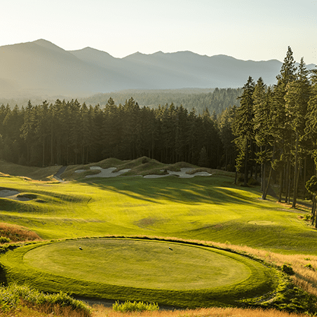 A golf course with a tee box in the foreground, surrounded by trees and mountains in the background under early morning sunlight.