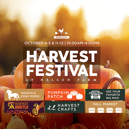Harvest Festival event poster with pumpkins, listing activities such as wagon rides, pumpkin patch, big rigs, 5K run, crafts, and fall market; event dates are October 4-5 and 11-12.
