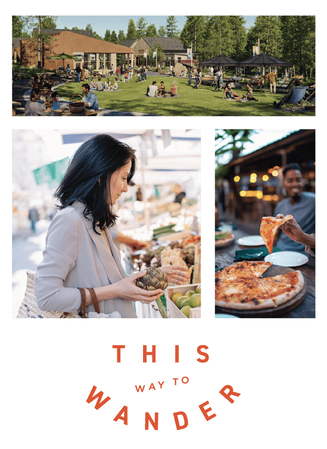 A collage shows people lounging on a lawn, a woman shopping at an outdoor market, and someone sharing pizza at a restaurant. Text below reads, “This way to wander.”.