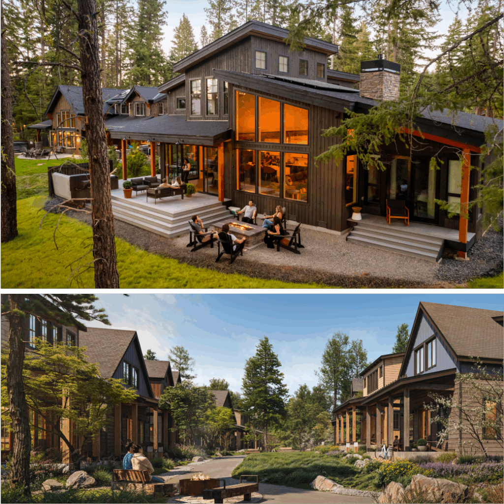 Two images of modern wood-paneled homes in forested settings, featuring large windows, outdoor seating areas, and landscaped yards with people relaxing.