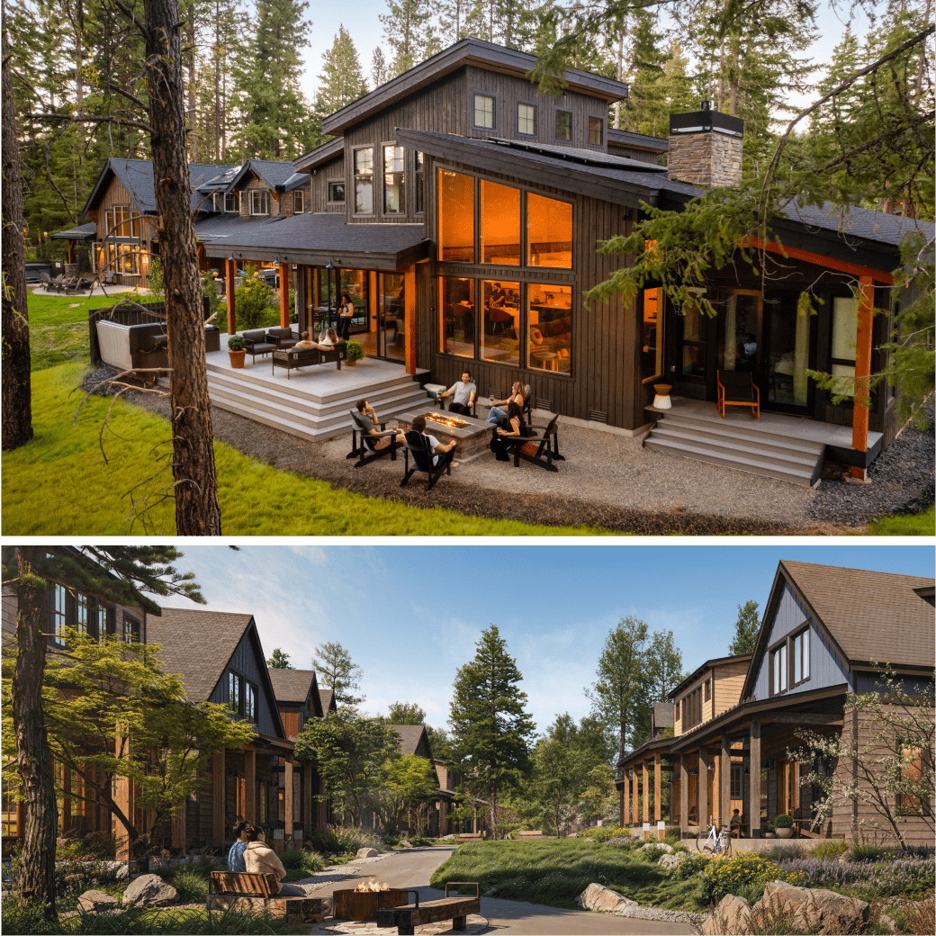 Two images of modern wood-paneled homes in forested settings, featuring large windows, outdoor seating areas, and landscaped yards with people relaxing.