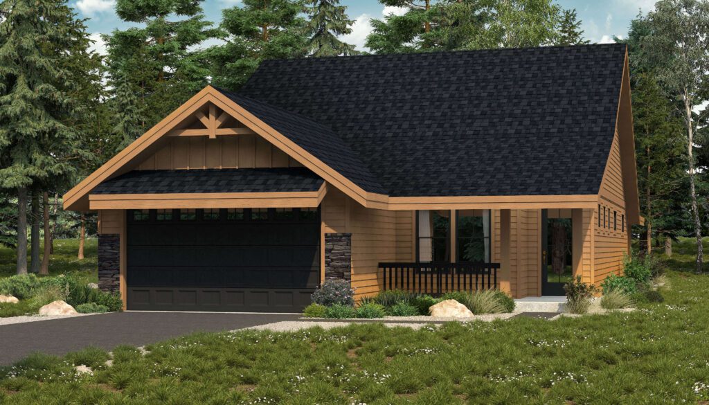Single-story house with a dark shingle roof, wooden siding, black garage door, small porch, and surrounded by trees and grass.