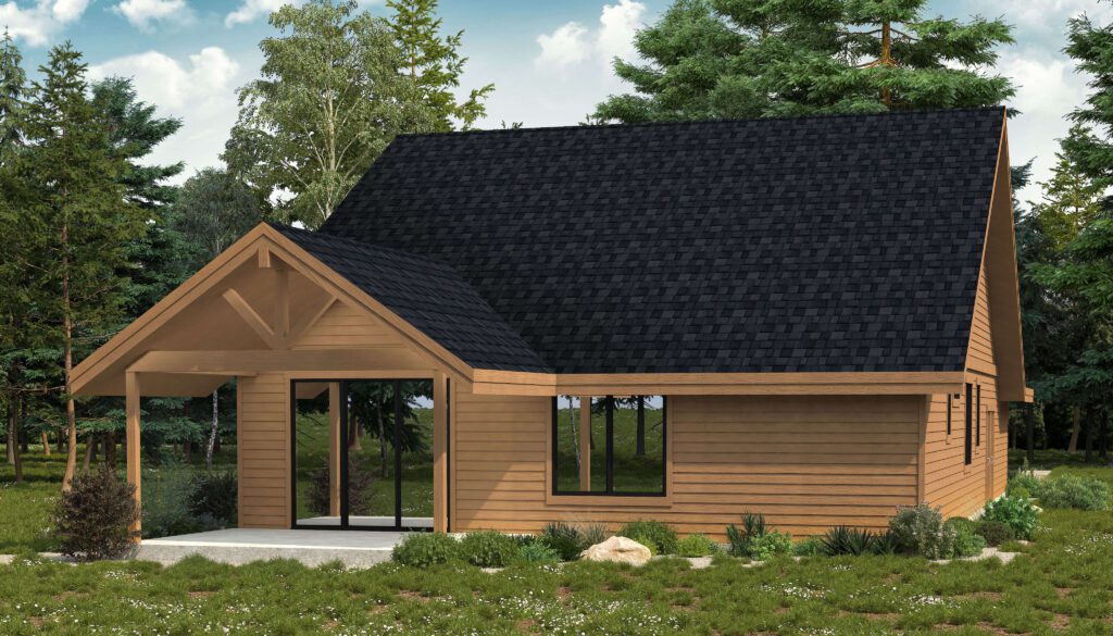 A modern wooden cabin with a dark shingle roof, large windows, and a covered porch, surrounded by trees and greenery.