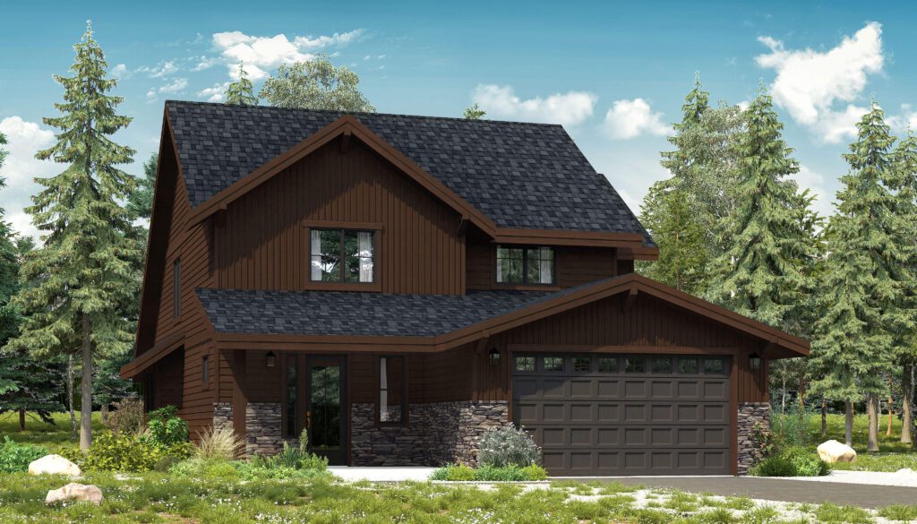 A two-story, brown wooden house with a dark shingle roof, stone accents, and a two-car garage, surrounded by trees and greenery.