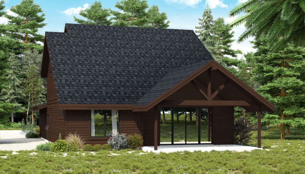 A modern dark wood cabin with large windows and a covered front porch, surrounded by grass and trees.