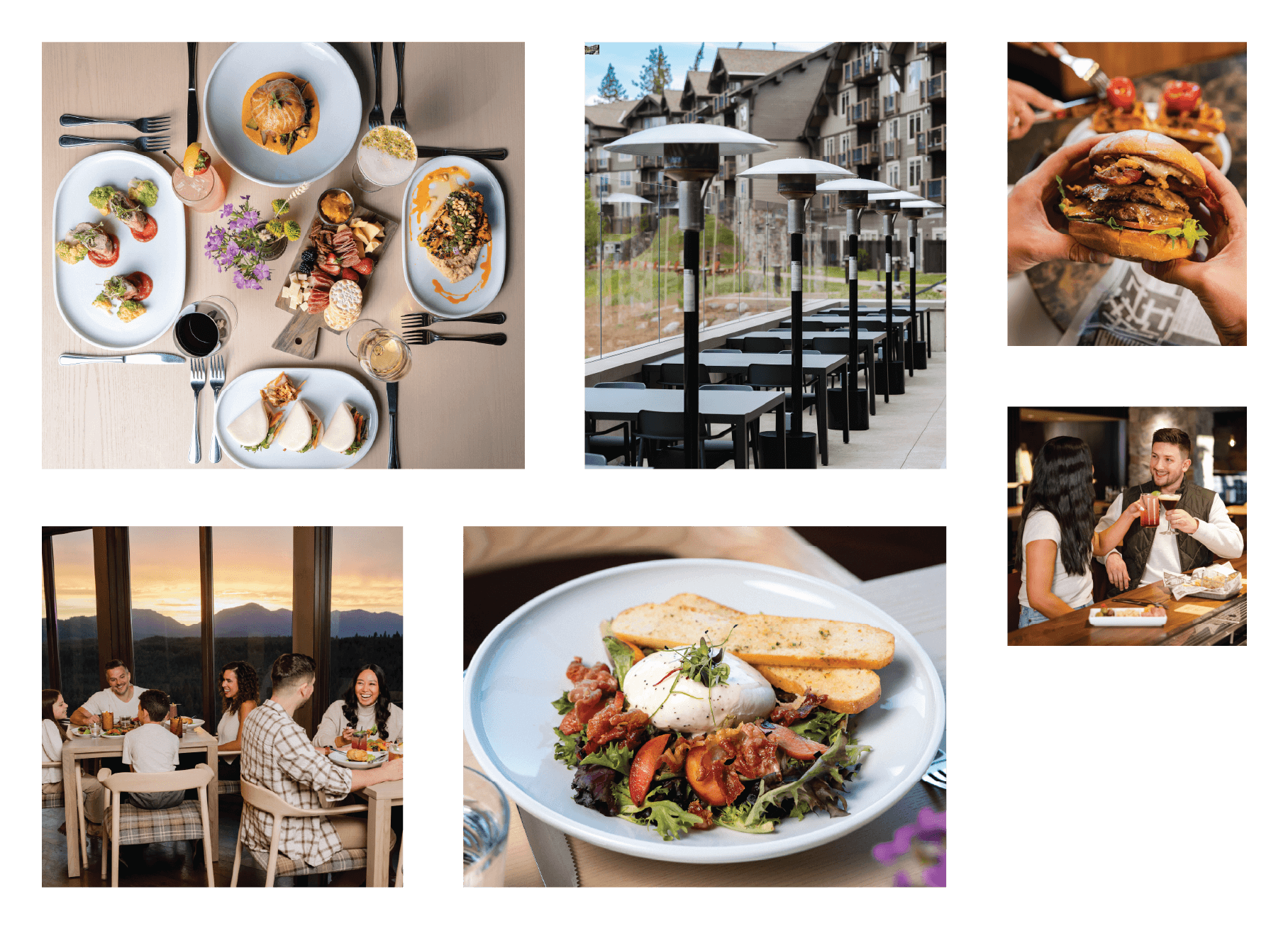 A collage featuring plated gourmet dishes, outdoor and indoor dining settings, and people enjoying meals at a restaurant.