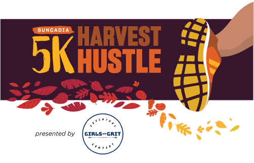 Graphic for the Suncadia 5K Harvest Hustle, showing a running shoe, autumn leaves, and text “presented by Girls on the Gait Adventure Company.”.