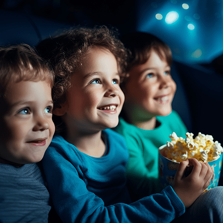Three young children sit close together, smiling and holding a bucket of popcorn while watching a movie in a dark theater.