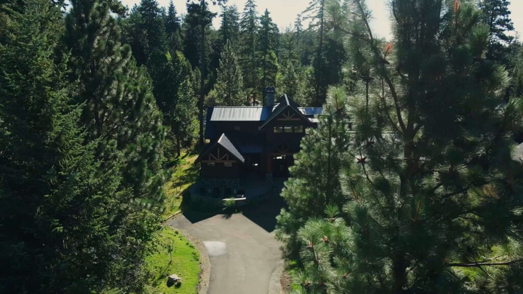 A large wooden cabin with a dark roof is nestled among tall pine trees, surrounded by lush green forest. A curved driveway leads to the entrance, and sunlight filters through the dense foliage.