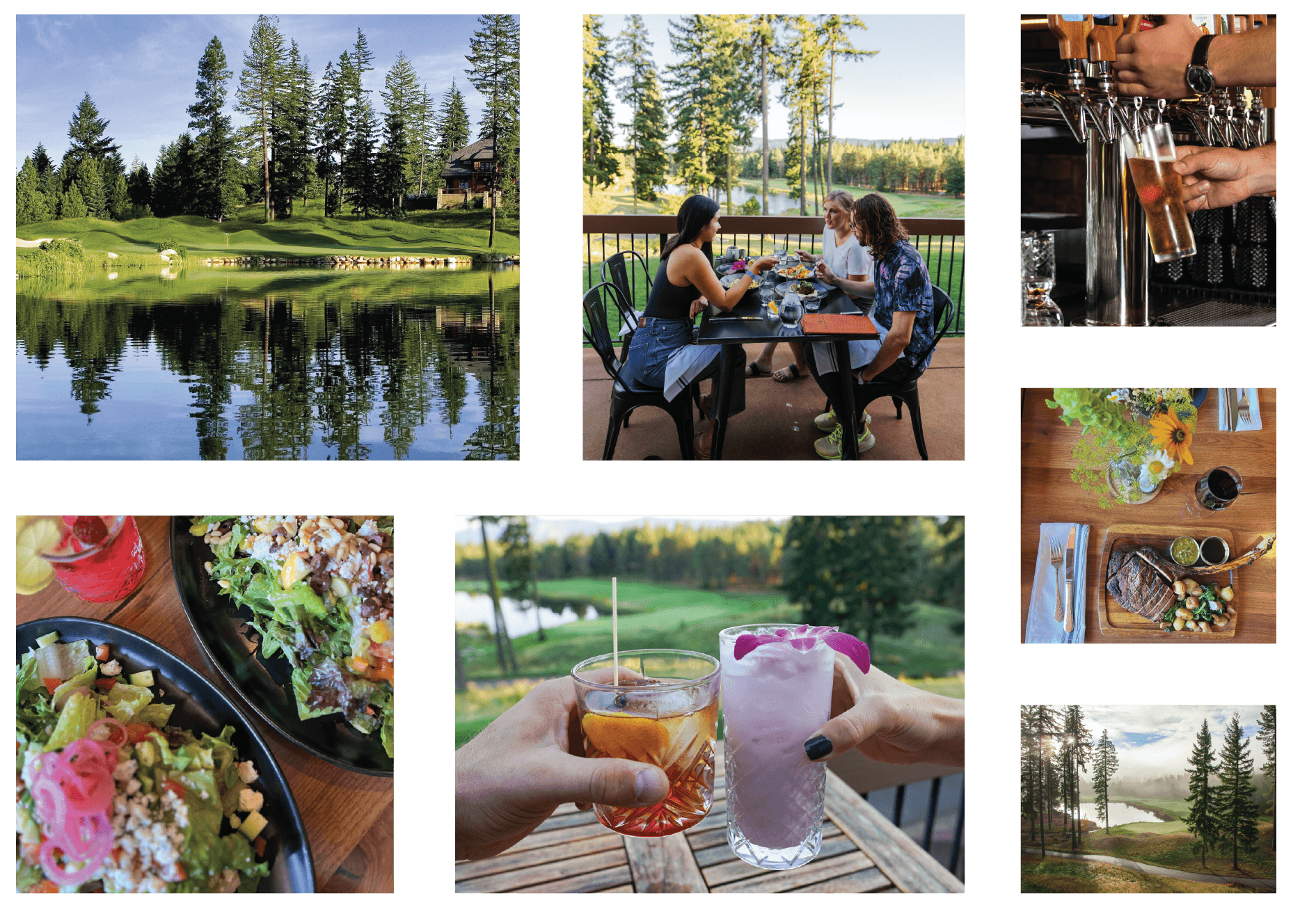 A collage showing a scenic golf course, people dining outdoors, hands pouring beer, plated gourmet food, cocktails held up against the view, and a picturesque landscape with trees and a pond.